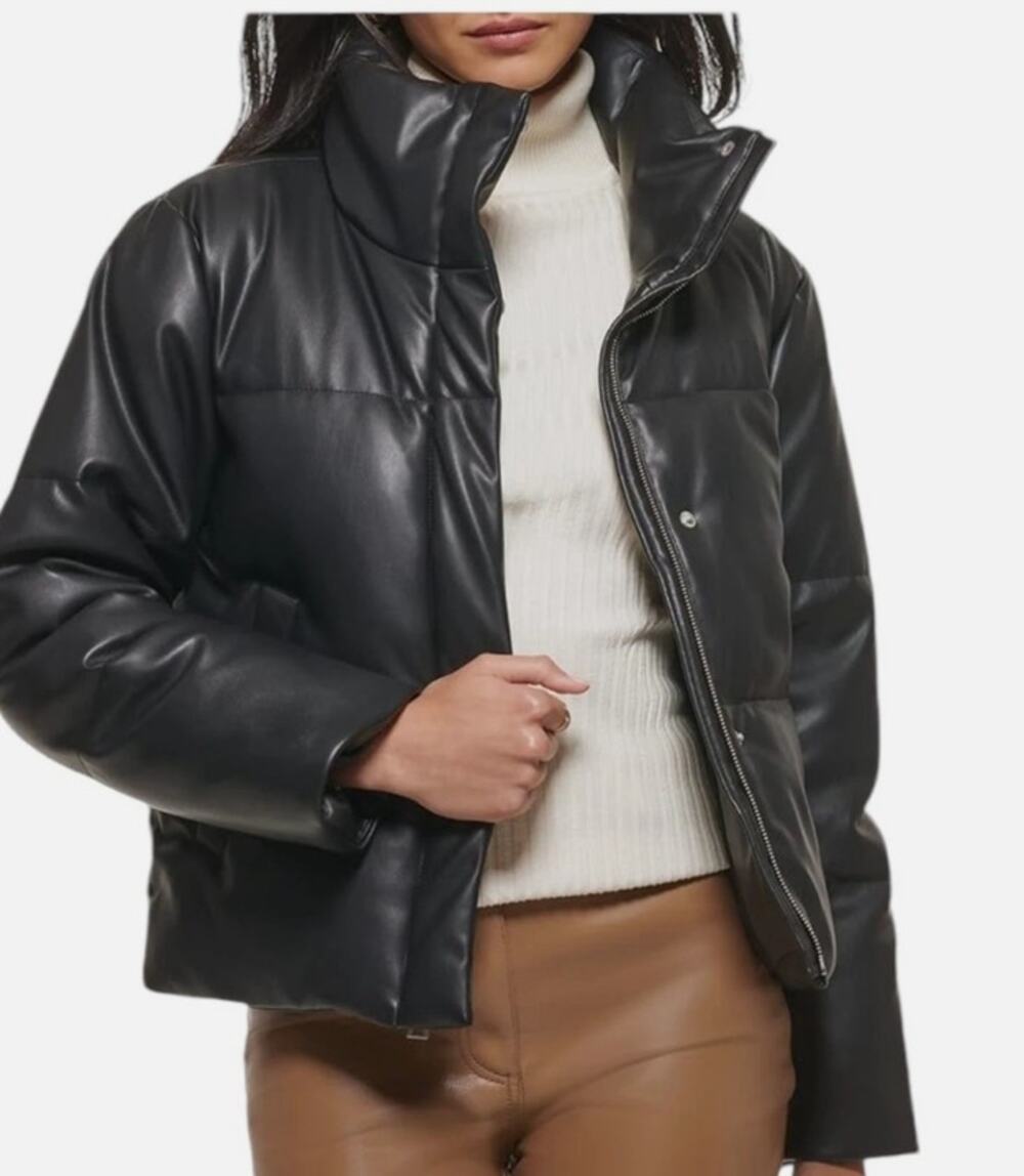 Levi's Women's Vegan Leather Quilted Cropped Puffer Jacket Black Medium